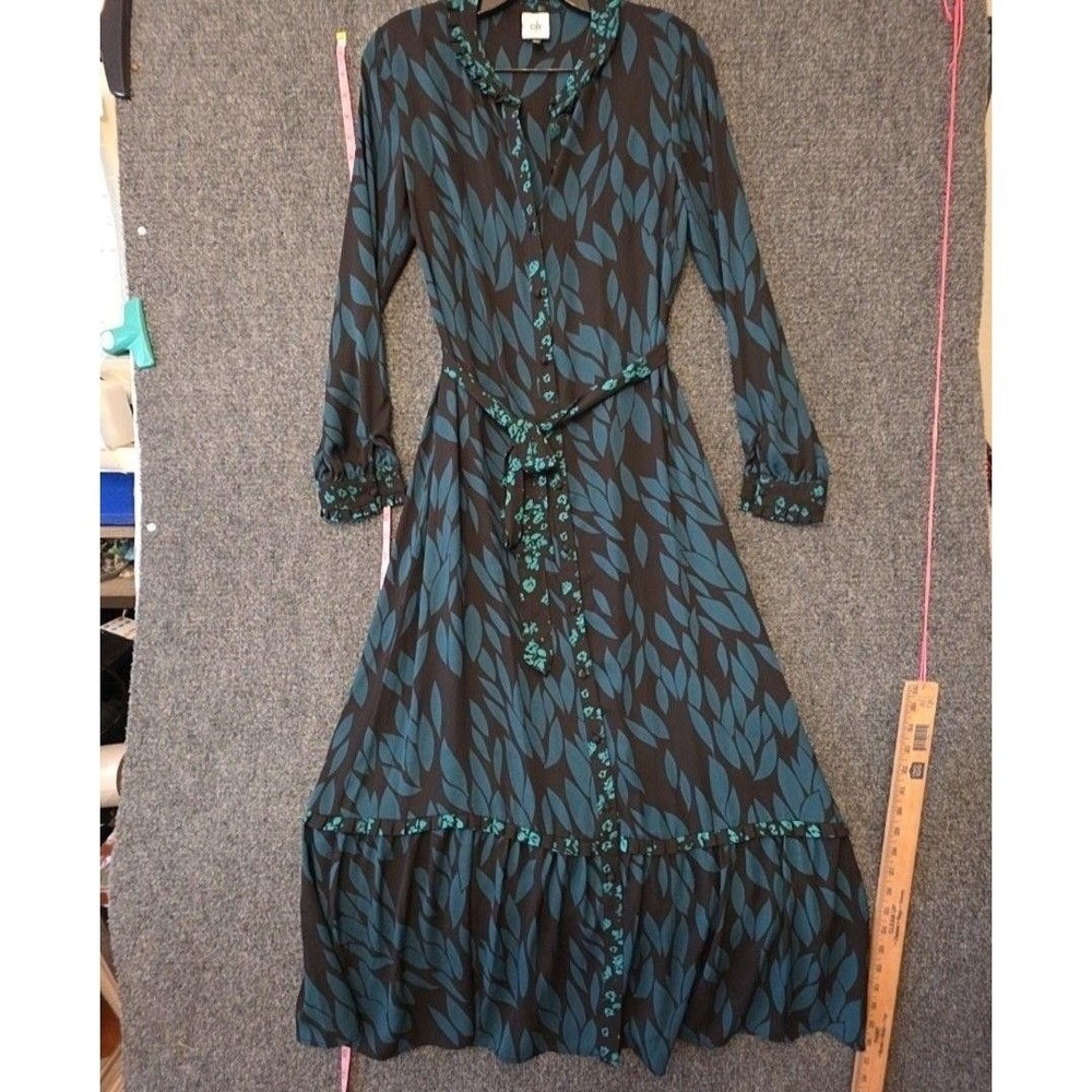 CAbi Dress Womens XS Green Leaf Print Long Sleeve Maxi Shirt Belted Ruffle